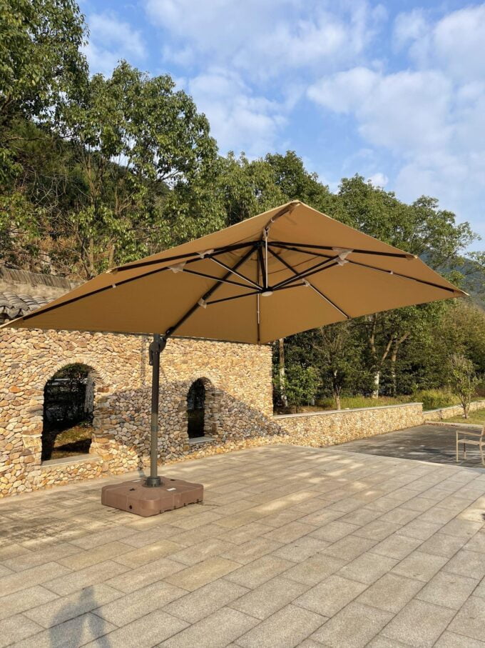 Swin Aluminium Square Shape Garden Umbrella With Marble Base&Solar Light -Grey&Brown
