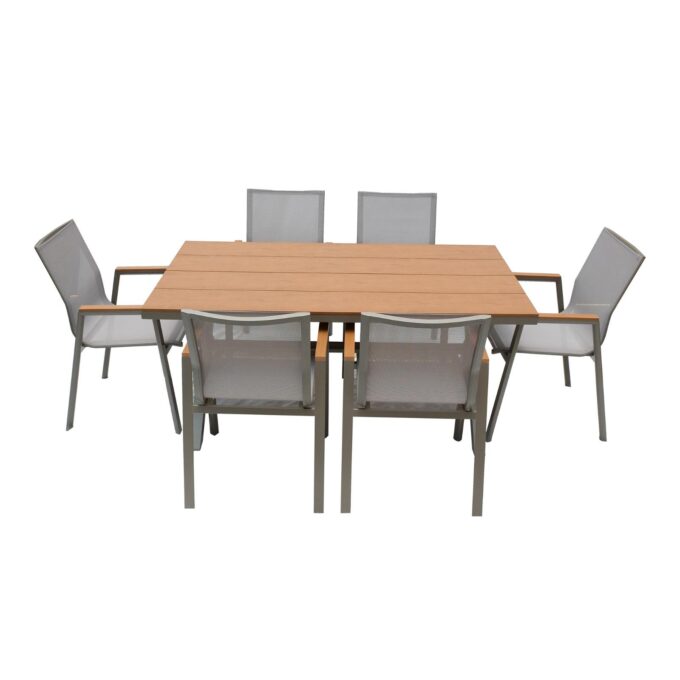 Swin Aluminium&PVC Rectangle Shape Dinning Table Set With 6Chairs ,Brown&Grey