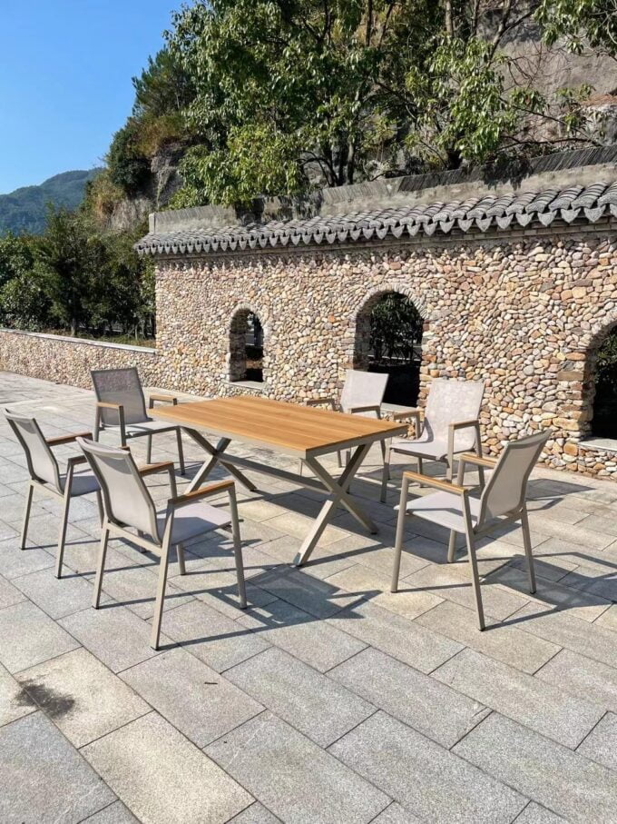 Swin Aluminium&PVC Rectangle Shape Dinning Table Set With 6Chairs ,Brown&Grey