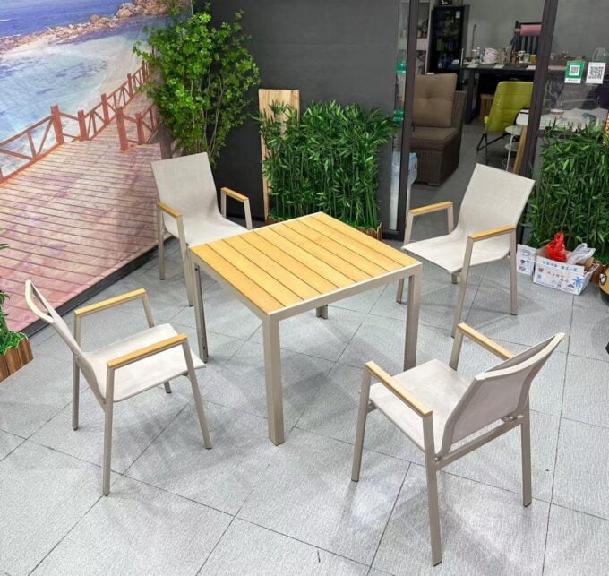 Swin Aluminium&PVC Square Shape Dinning Table Set With 4Chairs ,Brown&Grey