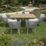 Swin Luxurious Aluminum Frame WPC 6-Seater Outdoor Dining Set with Cushions for Balcony and Backyard