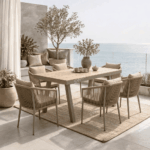 Swin All-Weather Resistant Aluminum Frame WPC 6-Seater Outdoor Dining Set with Cushions for Garden and Backyard