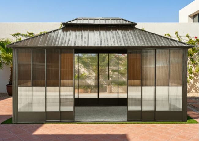 Double Hardtop Gazebo Outdoor Screen House Backyard Sun Room Aluminum Solarium with Sliding doors