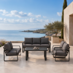 Swin 7 Seater Outdoor Garden Sofa with Black Aluminum Frame Plush Sponge Cushions and Weather Resistant Polyester Fabric