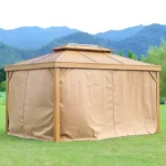 Swin Wooden Color Double Roof Gazebo – Premium Aluminum Frame with Mosquito Net & Curtains - Image 2