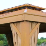 Swin Wooden Color Double Roof Gazebo – Premium Aluminum Frame with Mosquito Net & Curtains - Image 3