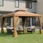 Swin Wooden Color Double Roof Gazebo – Premium Aluminum Frame with Mosquito Net & Curtains