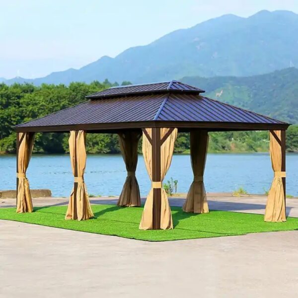 3.65x6m  Double Roof Aluminum Gazebo Brown