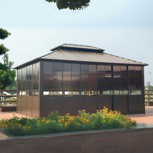 Double Hardtop Gazebo Outdoor Screen House Backyard Sun Room Aluminum Solarium with Sliding doors