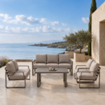 Swin 7 Seater Outdoor Garden Sofa in Aluminum Frame Plush Sponge Cushions - Khaki - Image 7