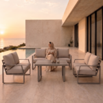 Swin 7 Seater Outdoor Garden Sofa in Aluminum Frame Plush Sponge Cushions - Khaki