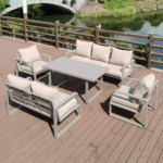 Swin 7 Seater Outdoor Garden Sofa in Aluminum Frame Plush Sponge Cushions - Khaki - Image 2