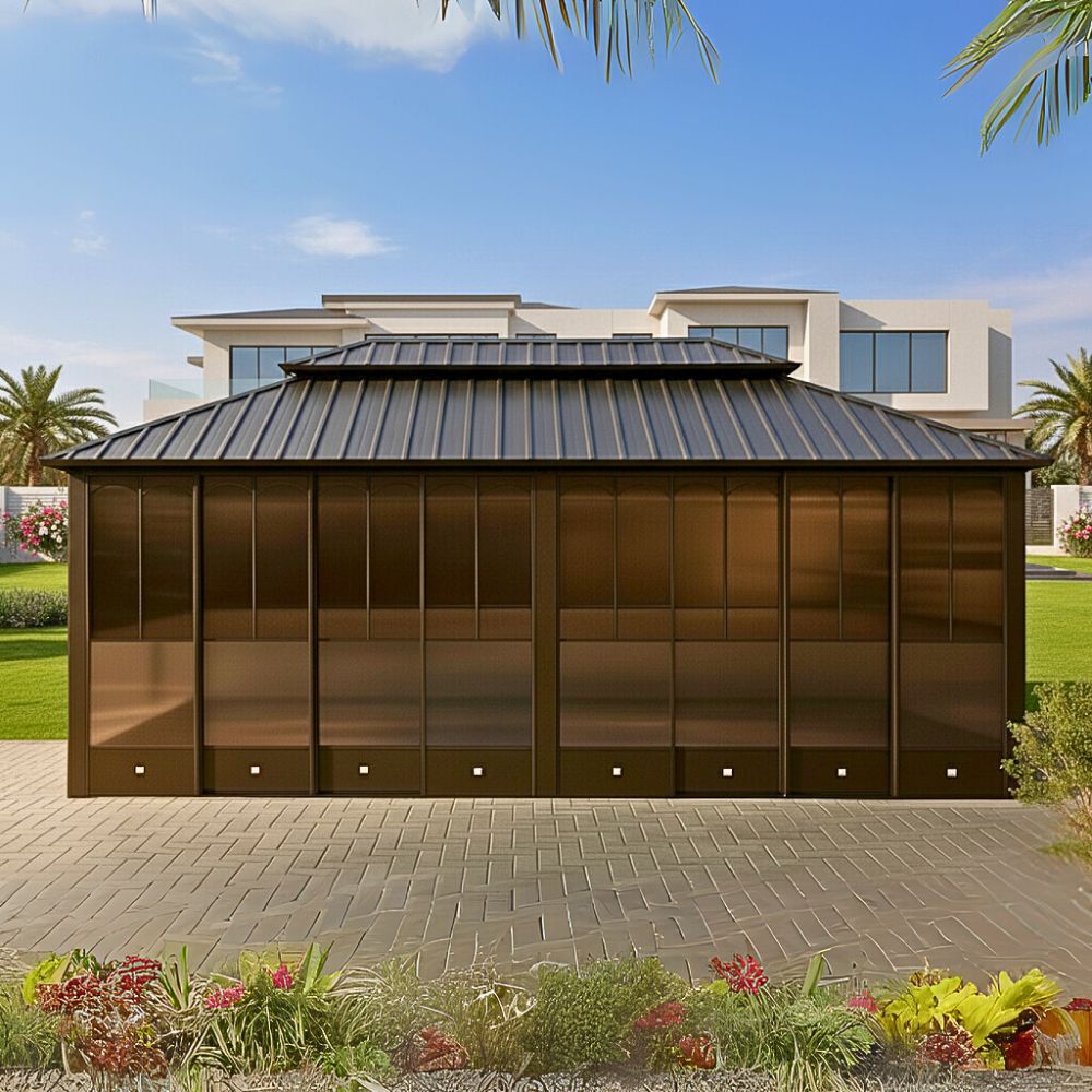 6x3.65M Double Hardtop Gazebo Outdoor Screen House – Aluminum Solarium with Sliding Doors