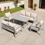 Swin 7 Seater Outdoor Garden Sofa in Aluminum Frame Plush Sponge Cushions - Khaki