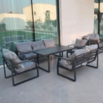 Swin 7 Seater Outdoor Garden Sofa with Black Aluminum Frame Plush Sponge Cushions and Weather Resistant Polyester Fabric