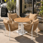 SWIN 4 Seater Outdoor Garden Dining Set with Natural WPC Round Table, White Aluminum Frame, Khaki Rope Chairs and Cushions