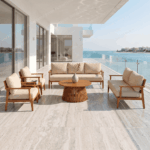 SWIN 6-Piece Outdoor Garden Sofa Set with Solid Wood Frame, Cream Cushions and Matching Round Coffee Tables