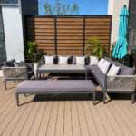 SWIN Powder-Coated Aluminum Frame Outdoor Sofa Set with Beige Rope Weaving, Mauve Cushions, L-Shaped Sectional Sofa, Armchair, Bench & Coffee Table