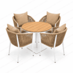 SWIN 4 Seater Outdoor Garden Dining Set with Natural WPC Round Table, White Aluminum Frame, Khaki Rope Chairs and Cushions - Image 2