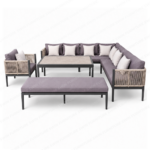 SWIN Powder-Coated Aluminum Frame Outdoor Sofa Set with Beige Rope Weaving, Mauve Cushions, L-Shaped Sectional Sofa, Armchair, Bench & Coffee Table - Image 2