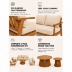 SWIN 6-Piece Outdoor Garden Sofa Set with Solid Wood Frame, Cream Cushions and Matching Round Coffee Tables - Image 3
