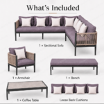 SWIN Powder-Coated Aluminum Frame Outdoor Sofa Set with Beige Rope Weaving, Mauve Cushions, L-Shaped Sectional Sofa, Armchair, Bench & Coffee Table - Image 3