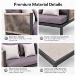 SWIN Powder-Coated Aluminum Frame Outdoor Sofa Set with Beige Rope Weaving, Mauve Cushions, L-Shaped Sectional Sofa, Armchair, Bench & Coffee Table - Image 5