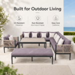 SWIN Powder-Coated Aluminum Frame Outdoor Sofa Set with Beige Rope Weaving, Mauve Cushions, L-Shaped Sectional Sofa, Armchair, Bench & Coffee Table - Image 6
