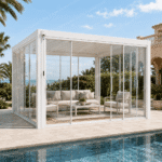 SWIN 3 × 4 m Tempered Glass Pergola with Sliding Glass Panel Doors and Aluminium Frame