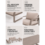Swin 7 Seater Outdoor Garden Sofa in Aluminum Frame Plush Sponge Cushions - Khaki - Image 3