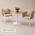 SWIN Balcony Duo 3-Piece Outdoor Dining Set – Round WPC Table & Rope Chairs, Khaki & White