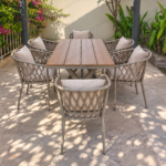SWIN 6-Seater Outdoor Dining Set with WPC Tabletop & Cross-Woven Rope Chairs – Wood Look